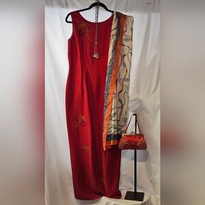 Y2K Pre-owned Red Sleeveless Dress With Back Fabric Buttons & Scarf (Only)